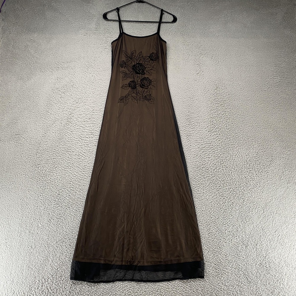 Vintage Fairy Slip Dress Womens XS / S Brown Sheer Mesh Rose Floral Maxi 90s Y2K